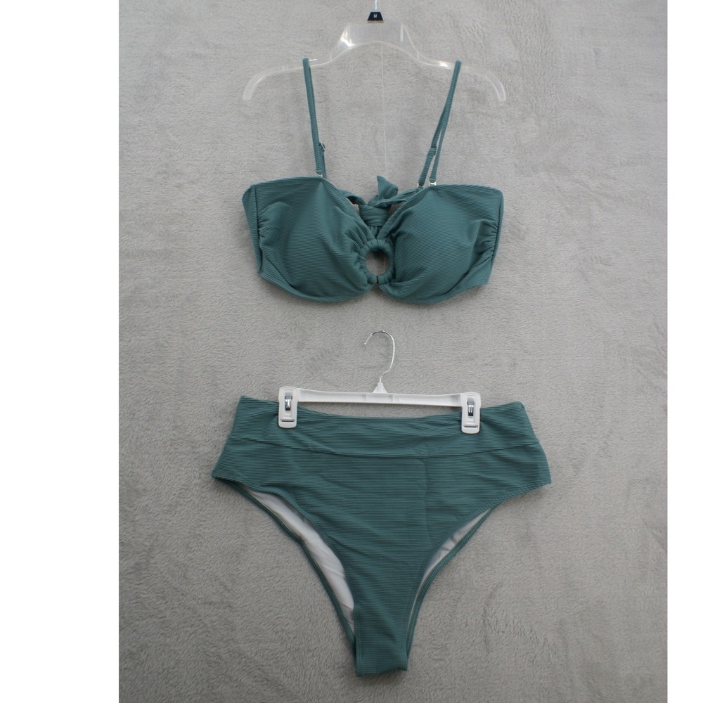 Andthewhy Teal Ribbed‎ High Waisted O-Ring Bikini Set Womens Plus Size 3X New